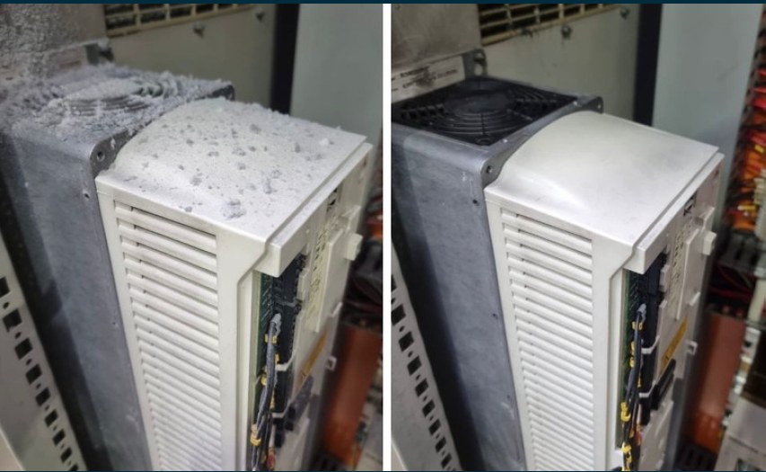 Antes e depois — variador de frequência, incluindo ventoinha (refrigeração)
