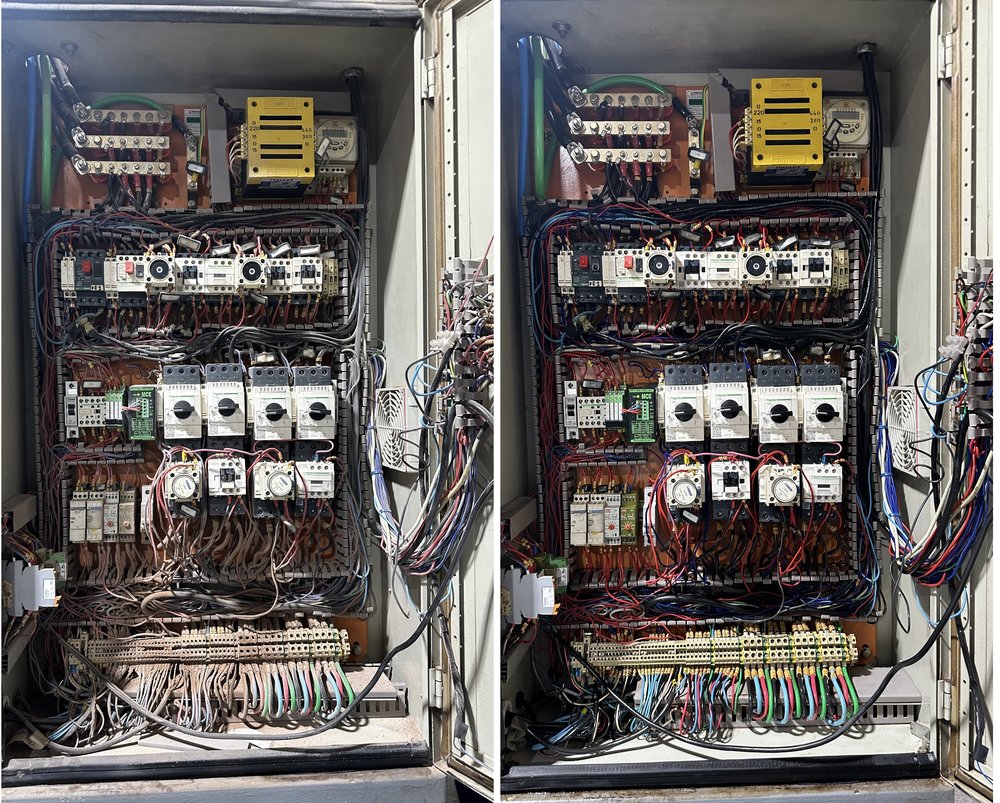 Antes e depois — quadro de relés de controlo